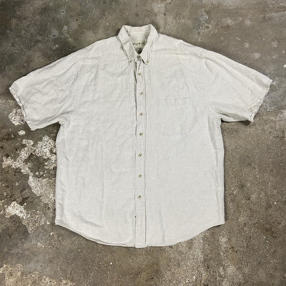 Vintage Eddie Bauer Button Down Shirt Size XL White Short Sleeve Light Linen